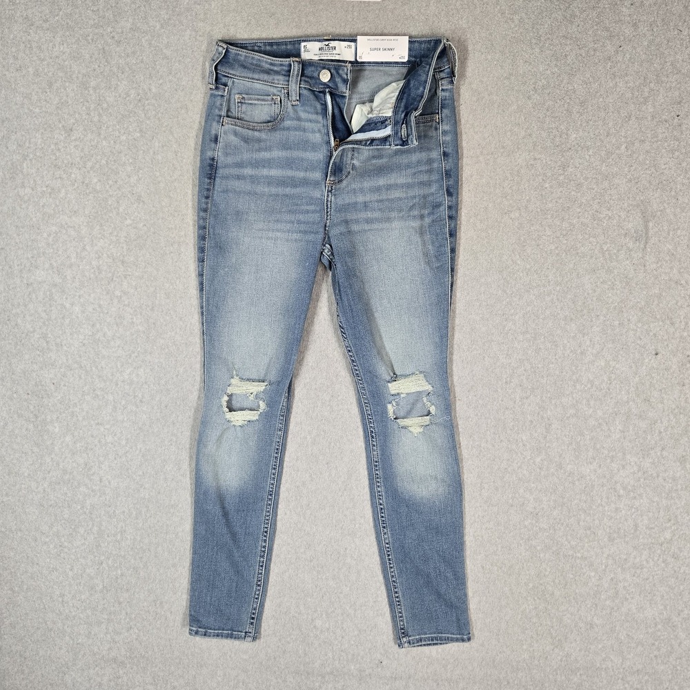 Hollister Women Jeans 0 Short Blue Curvy High Rise Super Skinny Distressed NWT